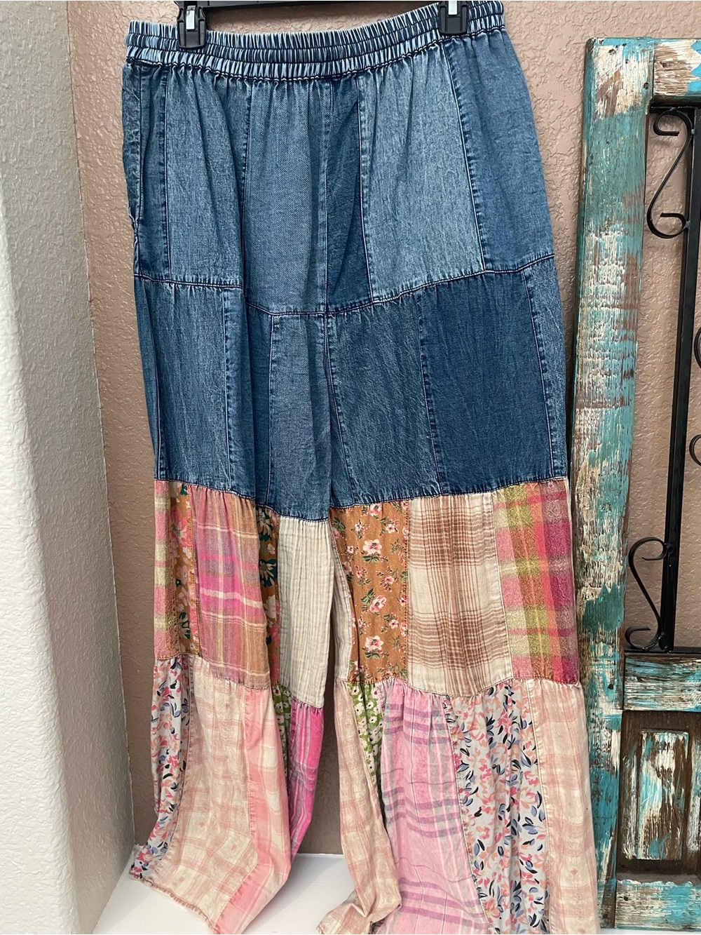 Boho Patchwork Wide Leg Jumpsuit Pants in Denim and Pink - Picture 3 of 3
